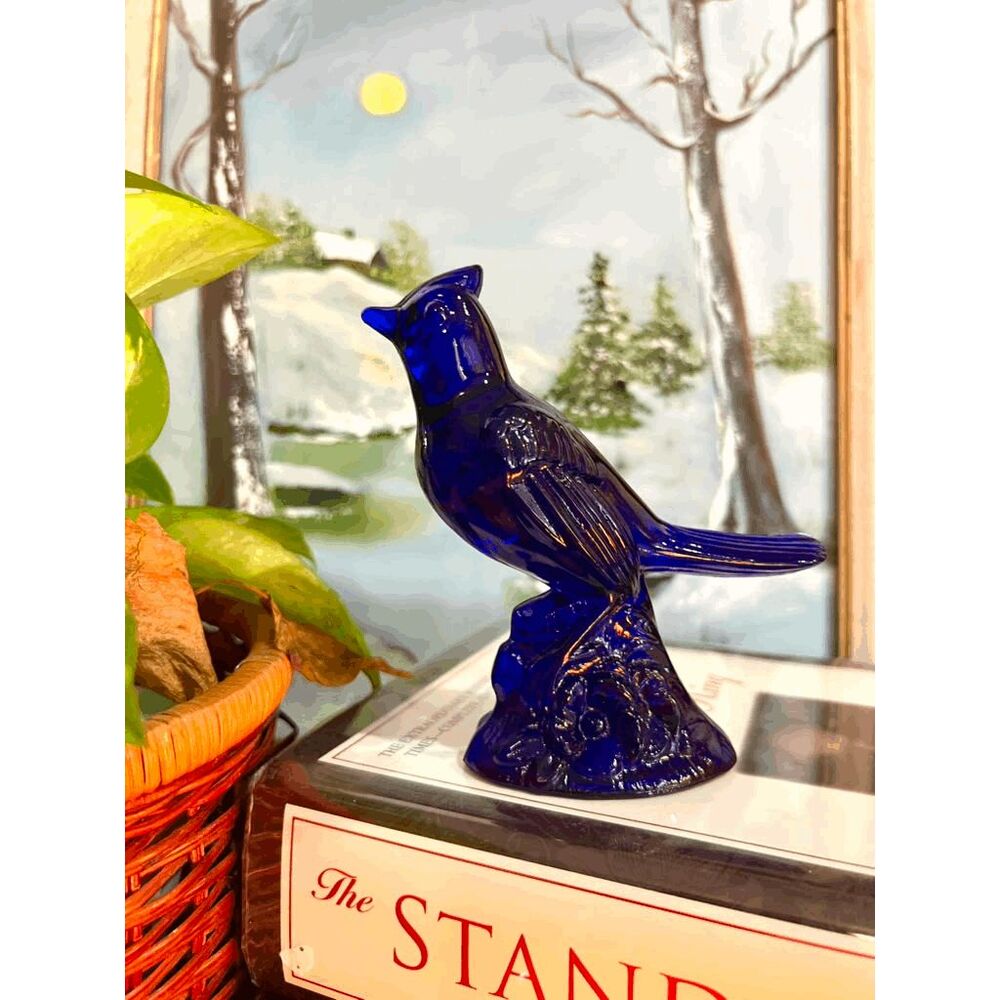 Vintage Mosser Cobalt Blue Glass Cardinal Bird Figurine